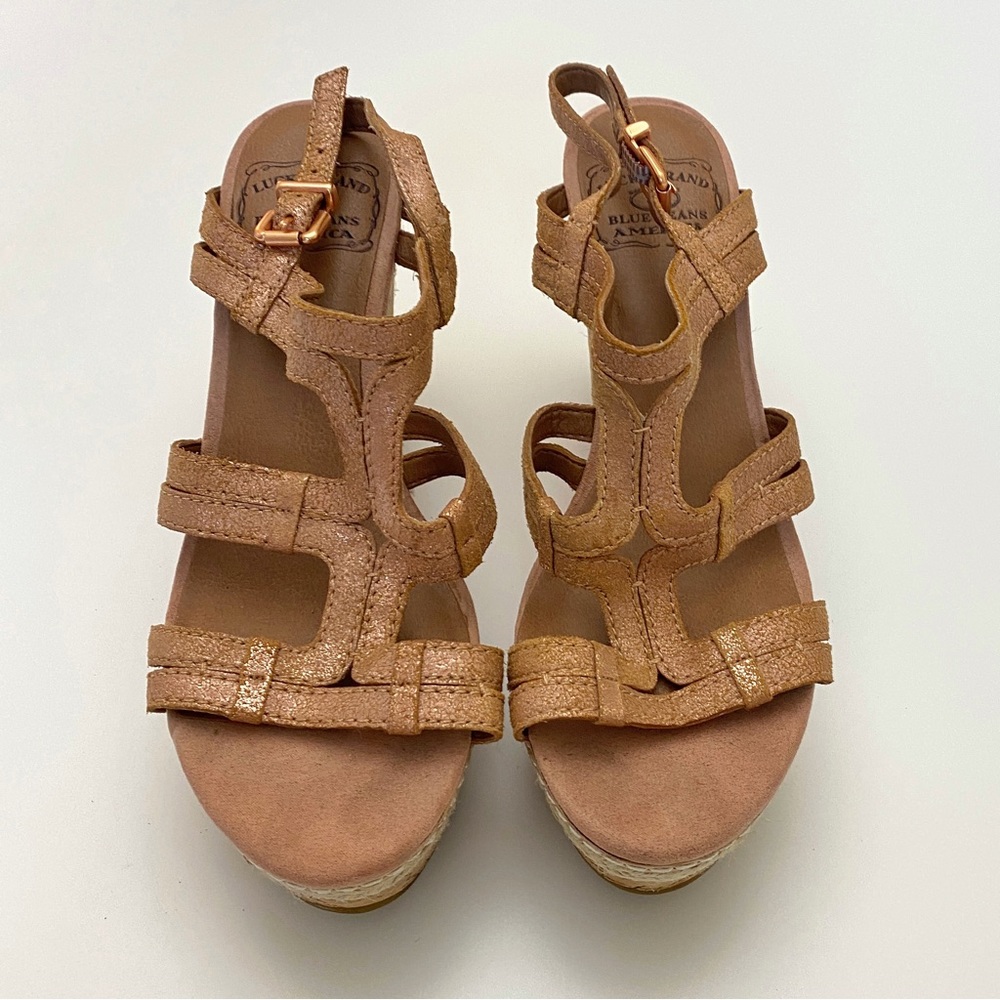 Lucky Brand Keena Cork Wedge Platform Rose Gold Shimmer Sandals Leather Shoes 7